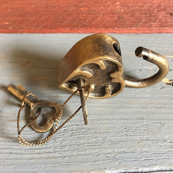 Ornate Heart Lock, Solid Brass With Antique Finish And Two Keys, 2” X 1.25”