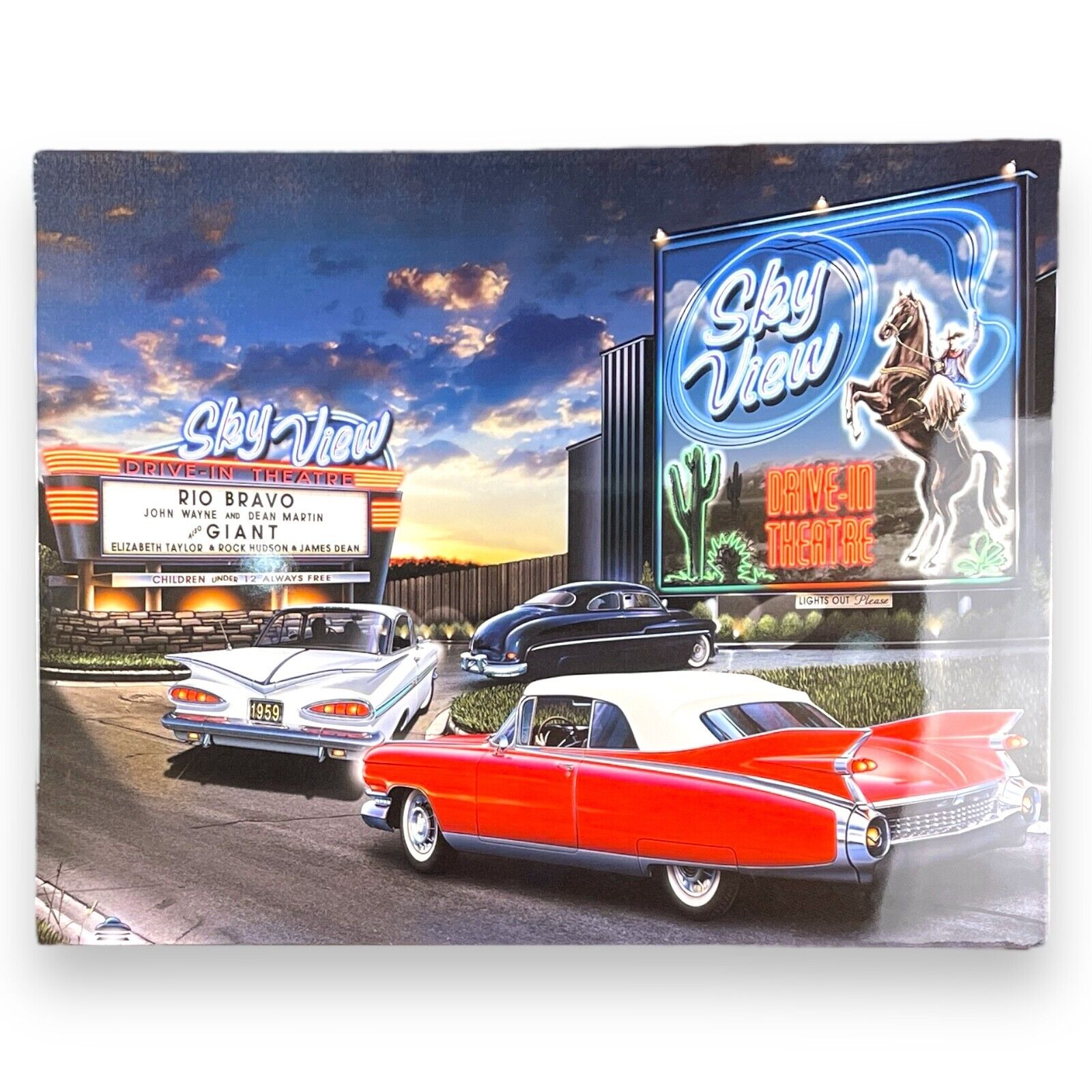 Skyview Drive-In Theatre Lacquer Canvas 28" x 22"  Retro Movie Marquee Wall