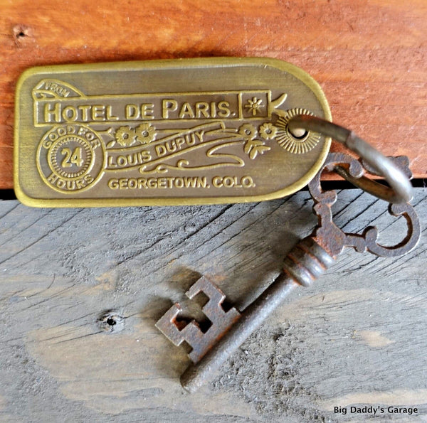 Historic Hotel De Paris Brothel Room Brass Tag & Key Antique Finish Bar Man Cave