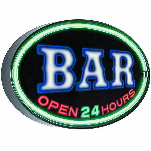 Bar Open 24 Hours - LED Light Rope 16" Oval Sign - Bar, Man Cave, Pub, Garage