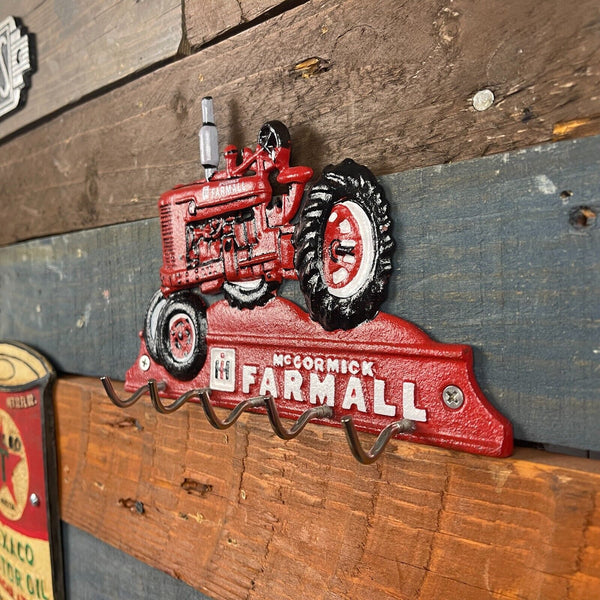 Mccormick Farmall Tractor Cast Iron Red Key Rack W/ Five Metal Hooks Wall Decor