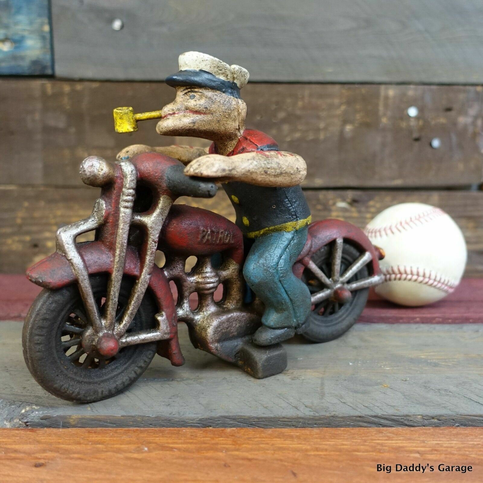 Popeye On Harley Davidson Patrol Motorcycle, Cast Iron Painted