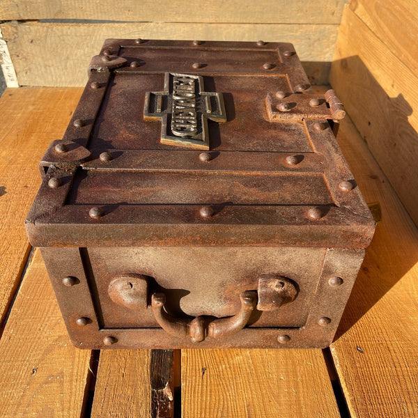 Chevrolet Iron Strong Box Chest W/ Chevy Brass Plaque and Lock, Antique Finish