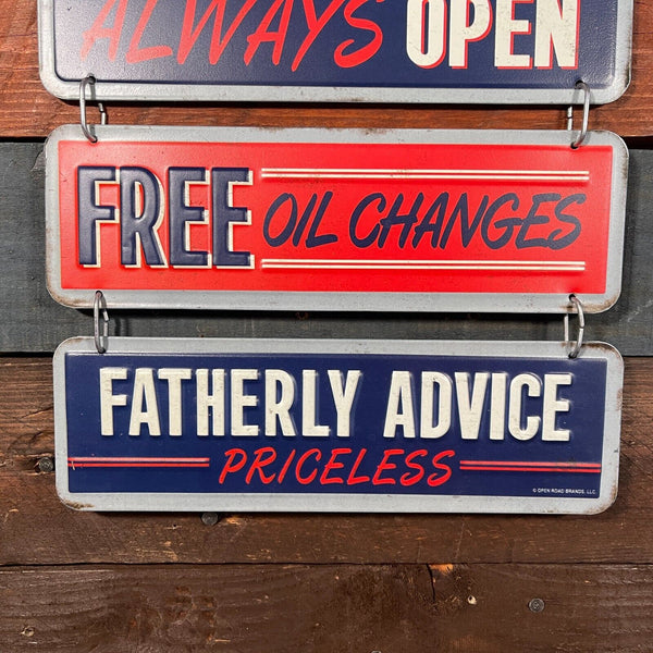 Dad's Garage Always Open Oil Changes Fatherly Advice Linked Embossed Metal Sign