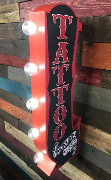 TATTOO Parlor Arrow Double Sided Metal Sign W/ LED Lights Man Cave Beer Bar Shop