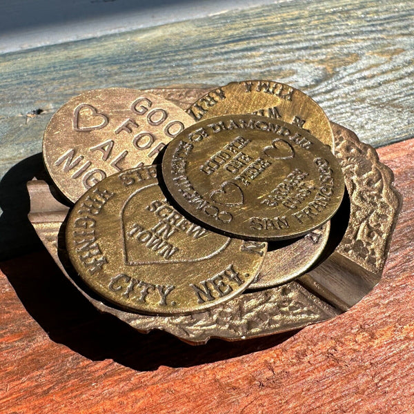 Old West Brothel Tokens (Lot Of 5 Assorted) and Brass Dish With Antique Finish