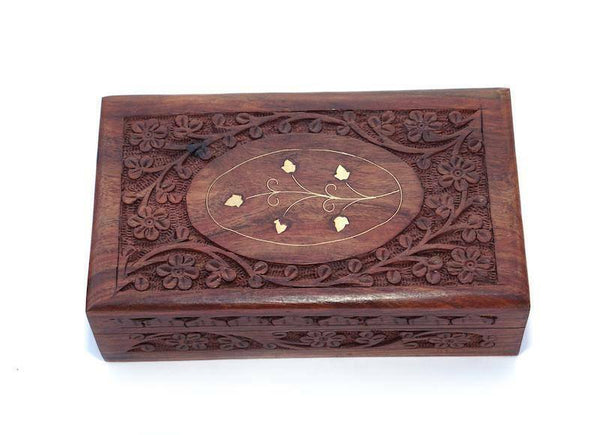 Wood Box With Brass Floral Leaf Inlay