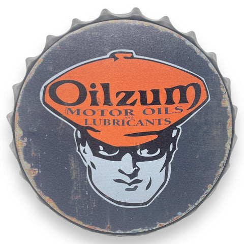 Oilzum Motor Oils Bottle Cap Shaped Metal Sign With Vintage Antique Finish