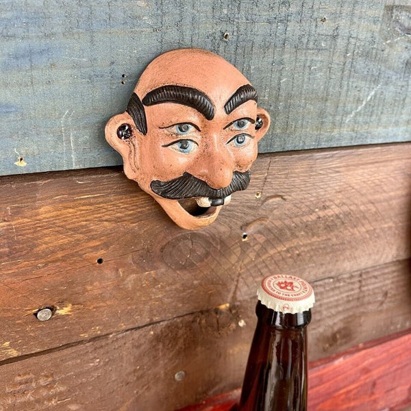 4-Eyed White Man Guy Vintage Wall Mounted Bottle Opener With Antique Finish