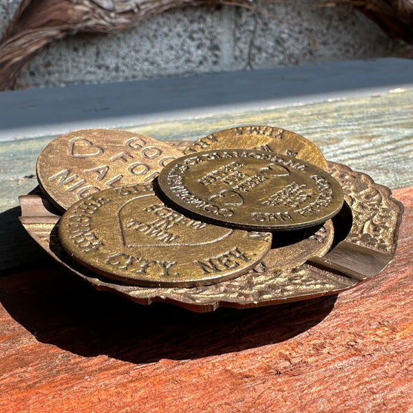 Old West Brothel Tokens (Lot Of 5 Assorted) and Brass Dish With Antique Finish