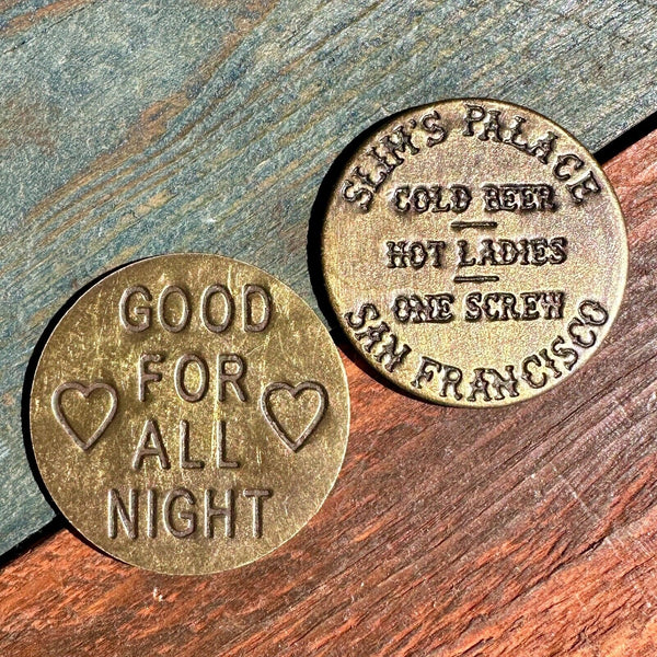 Old West Brothel Tokens (Lot Of 5 Assorted) and Brass Dish With Antique Finish