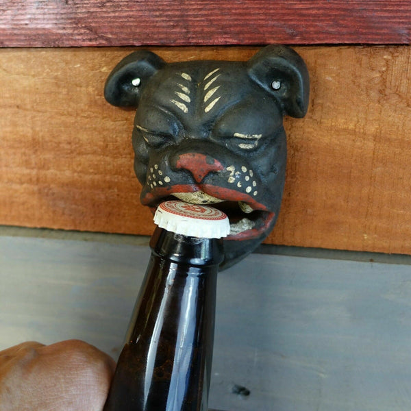 Bulldog Cast Iron Wall Mounted Bottle Opener Painted Antique Distressed Finish