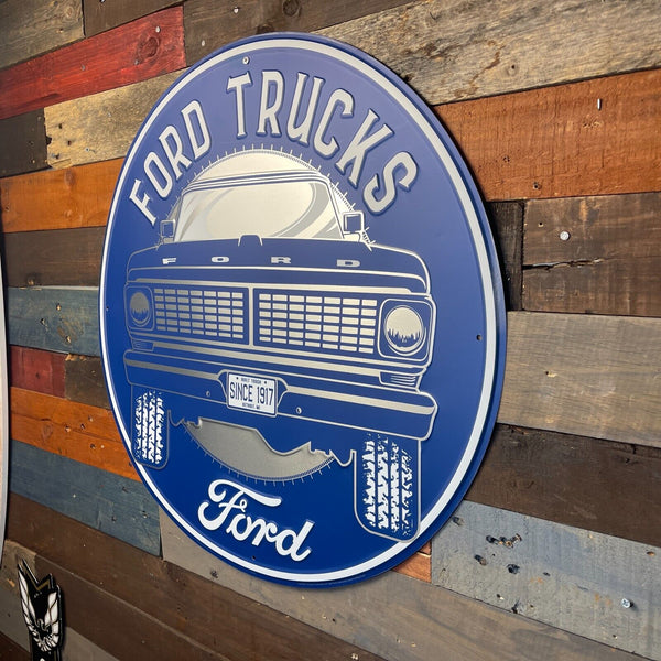 Ford Trucks 24" Round Blue Metal Advertising Sign Game Room Bar Man Cave Decor