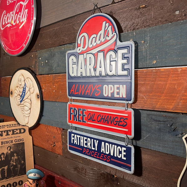 Dad's Garage Always Open Oil Changes Fatherly Advice Linked Embossed Metal Sign