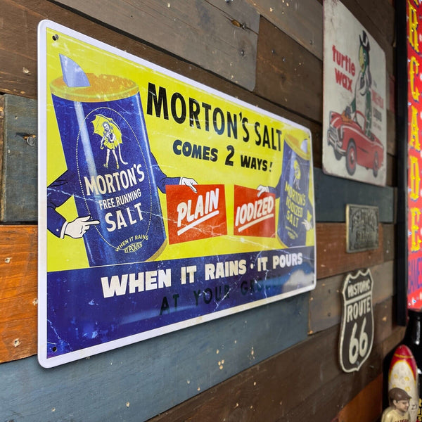 Morton's Salt When It Rains It Pours 19" Vintage Tin Metal Sign W/ Hemmed Edges