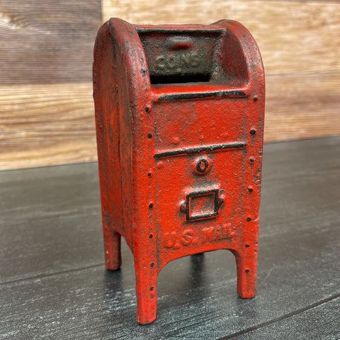 USPS Mailbox Bank, Red Cast Iron Piggy Bank With Antique Vintage Finish