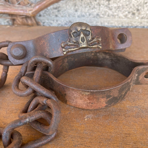 Pirate Handcuffs, Iron W/ Brass Skull & Crossbones Tag, Antique Finish