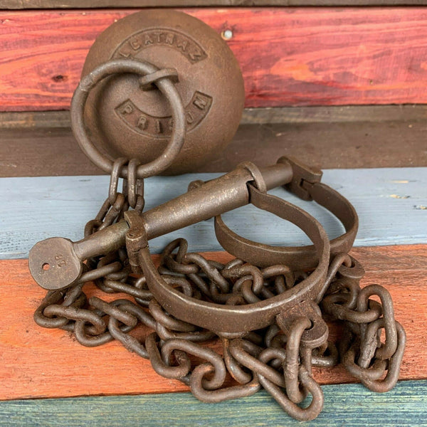 Alcatraz Prison Cast Iron Ball & Chain, Leg Irons Working Lock, Antique Finish 