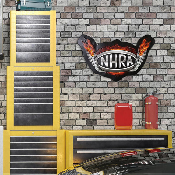 NHRA Logo Flames & Racing Tailpipes Shaped & Embossed 17" Vintage Inspired Sign