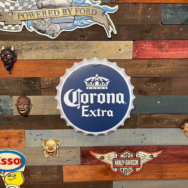 Corona Extra Beer Crown Logo Bottle Cap Shaped Metal Sign Game Room Man Cave Bar