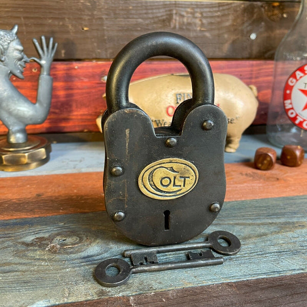 Colt Heavy Duty Cast Iron Lock Padlock W/ Antique Finish, 2 Keys & Brass Tag