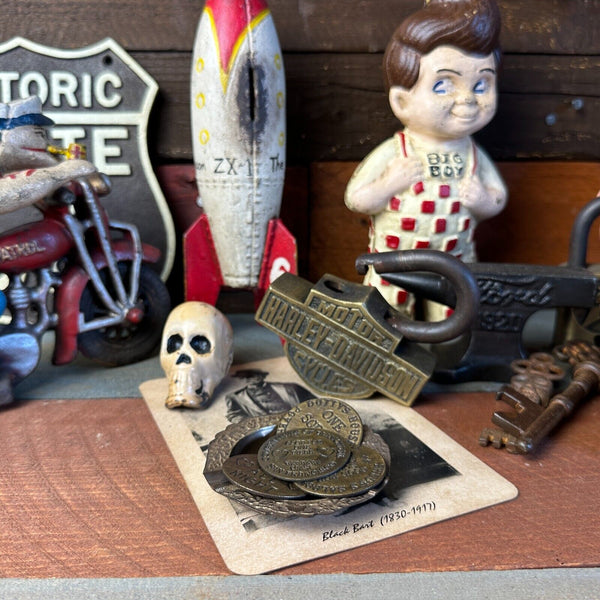 Old West Brothel Tokens (Lot Of 5 Assorted) and Brass Dish With Antique Finish