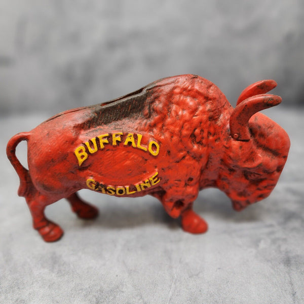 Buffalo Gasoline Piggy Bank Cast Iron Raised Lettering Painted Antique Finish