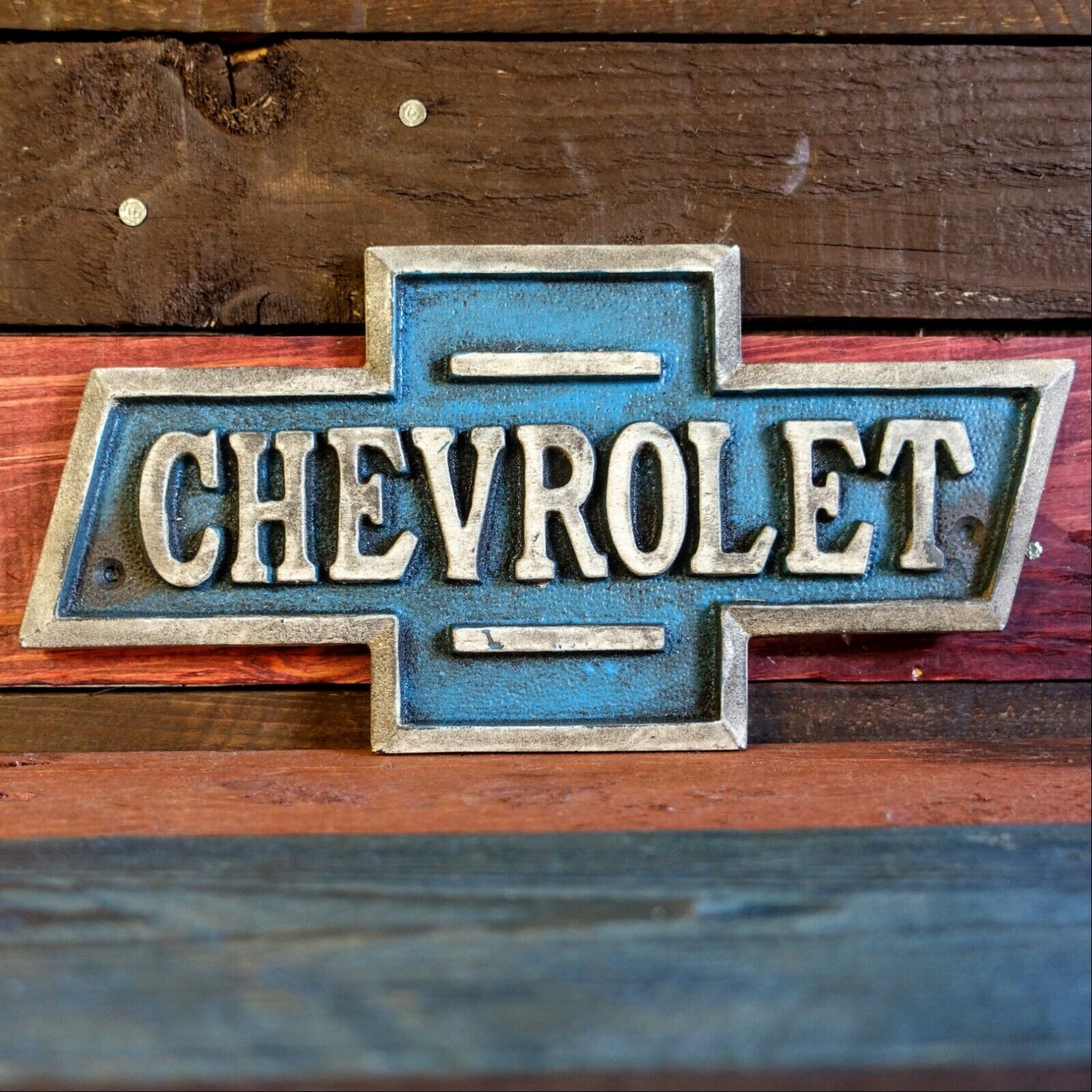 Chevrolet Cast Iron Plaque Embossed Chevy Sign Vintage Antique Finish Garage Bar