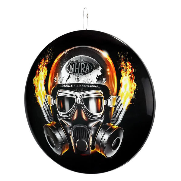 NHRA Domed Metal Sign Gas Mask and Flaming Tailpipes 16" Hanging Dome Wall Decor