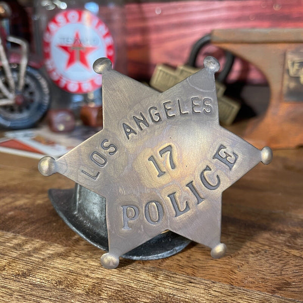 Los Angeles Novelty Badge, Solid Brass W/ Antique Finish & Soldered Pin Back