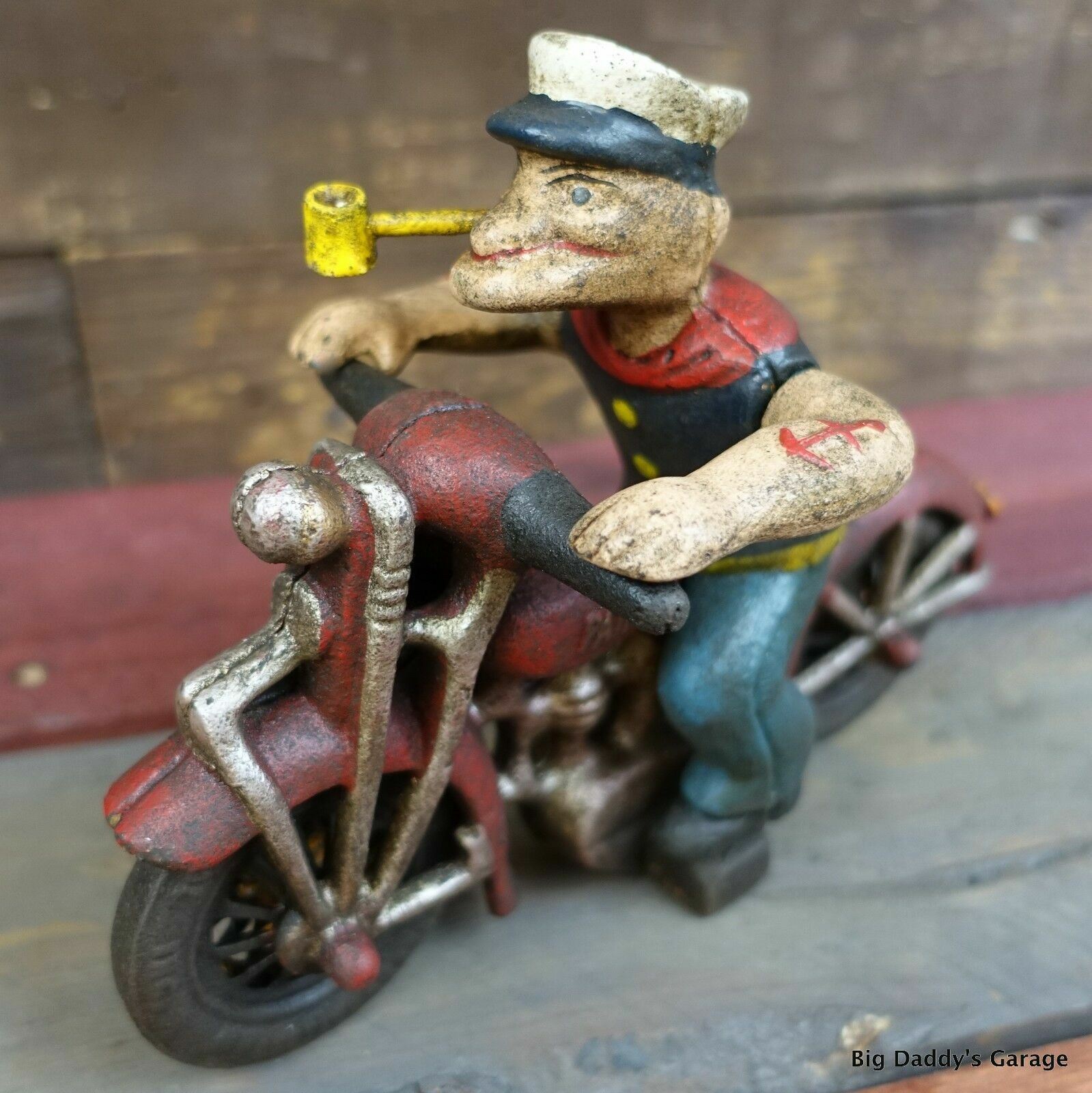 Popeye On Harley Davidson Patrol Motorcycle, Cast Iron Painted