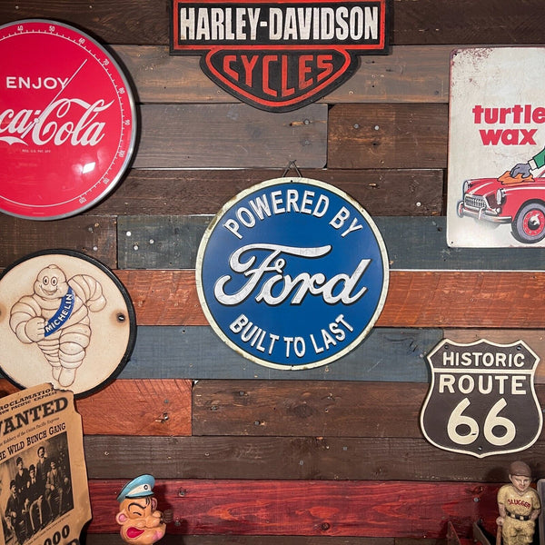 Ford Powered By And Built To Last 12" Embossed Metal Round Sign Vintage Design