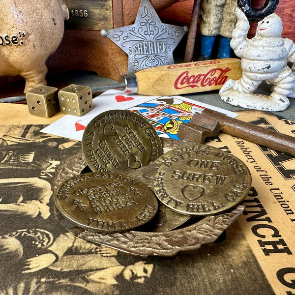 Old West Brothel Tokens (Lot Of 5 Assorted) and Brass Dish With Antique Finish