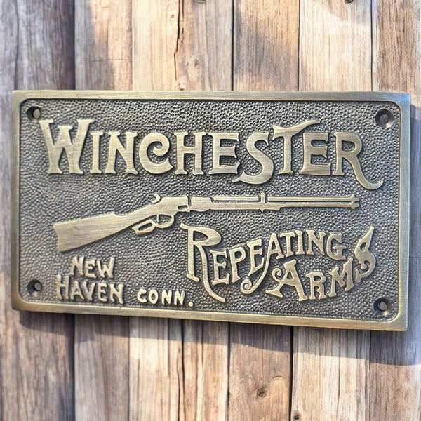 Winchester Repeating Arms Solid Brass Wall Plaque Sign W/ Antique Vintage Finish