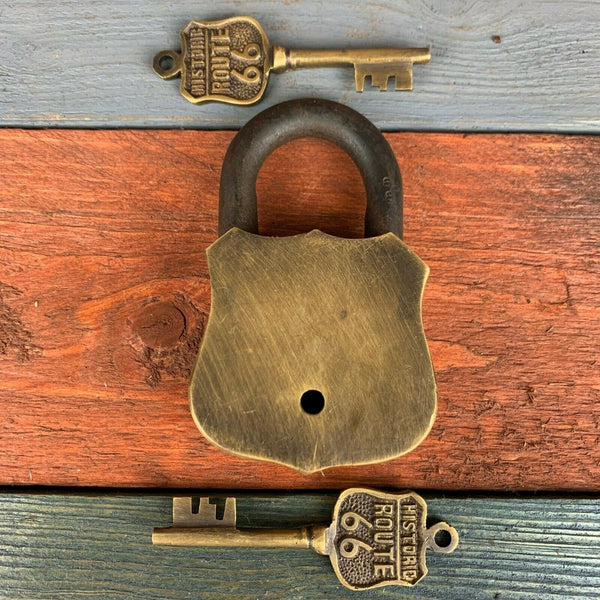 Historic Route 66 Brass Lock & 2 Keys, Embossed Lettering, Antique Finish