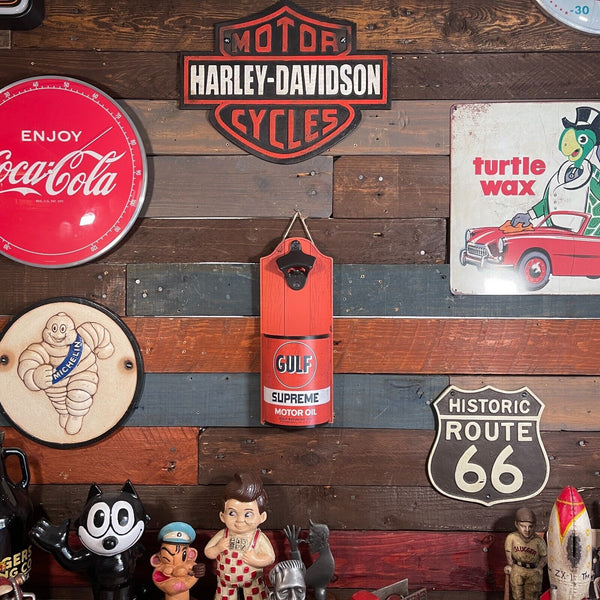 Gulf Motor Oil Bottle Opener and Cap Catcher Wall Mounted Plaque