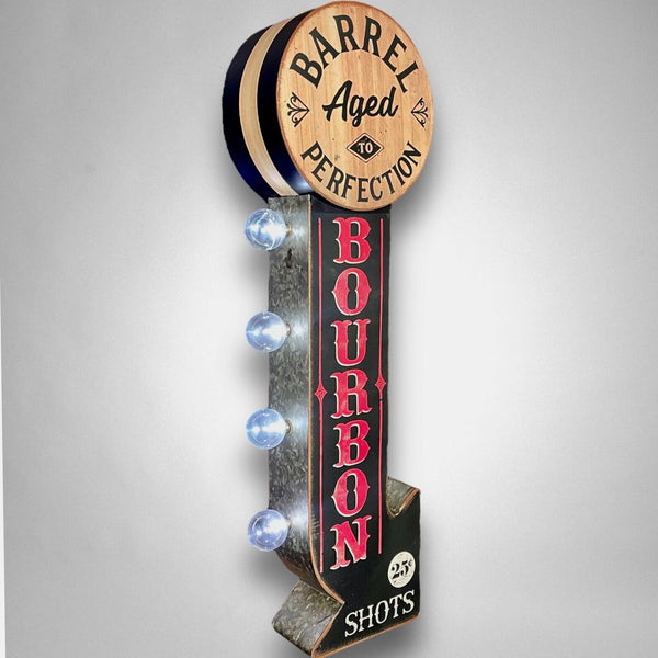 Bourbon Whiskey Barrel Aged Double Sided LED Sign W/ Vintage Arrow Shaped Design