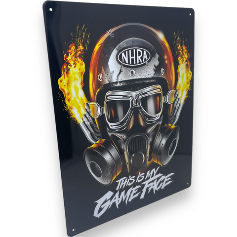 NHRA Game Face 15" x 12" Metal Sign W/ Hemmed Edges Gas Mask Flaming Tailpipes