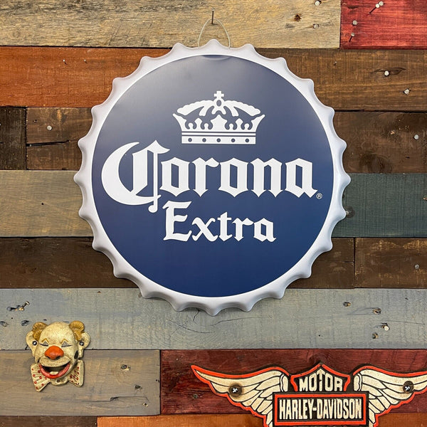 Corona Extra Beer Crown Logo Bottle Cap Shaped Metal Sign Game Room Man Cave Bar