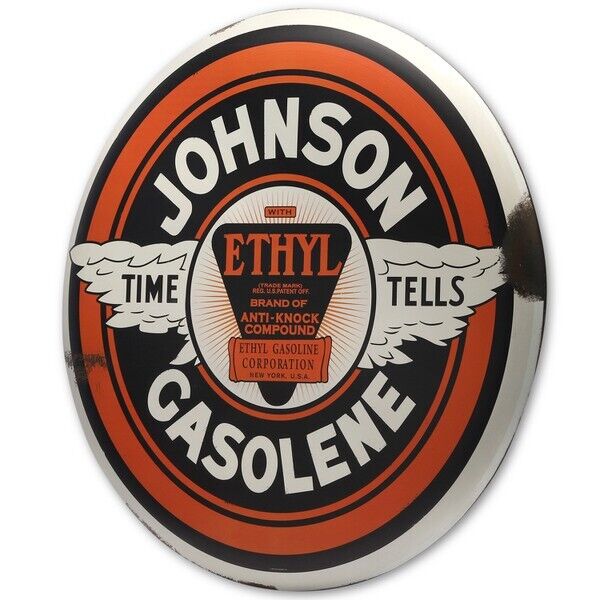 Johnson Gasolene Time Tells 24" Round Button Metal Sign Vintage Inspired Design