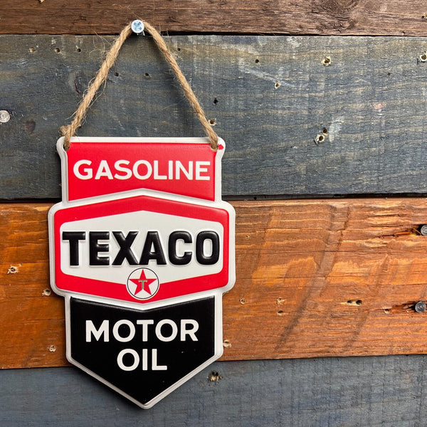 Texaco Motor Oil Gasoline Shield Hanging Metal Sign