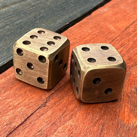 Old West Style Solid Brass Dice (Pair) With Antique Finish and Rounded Corners