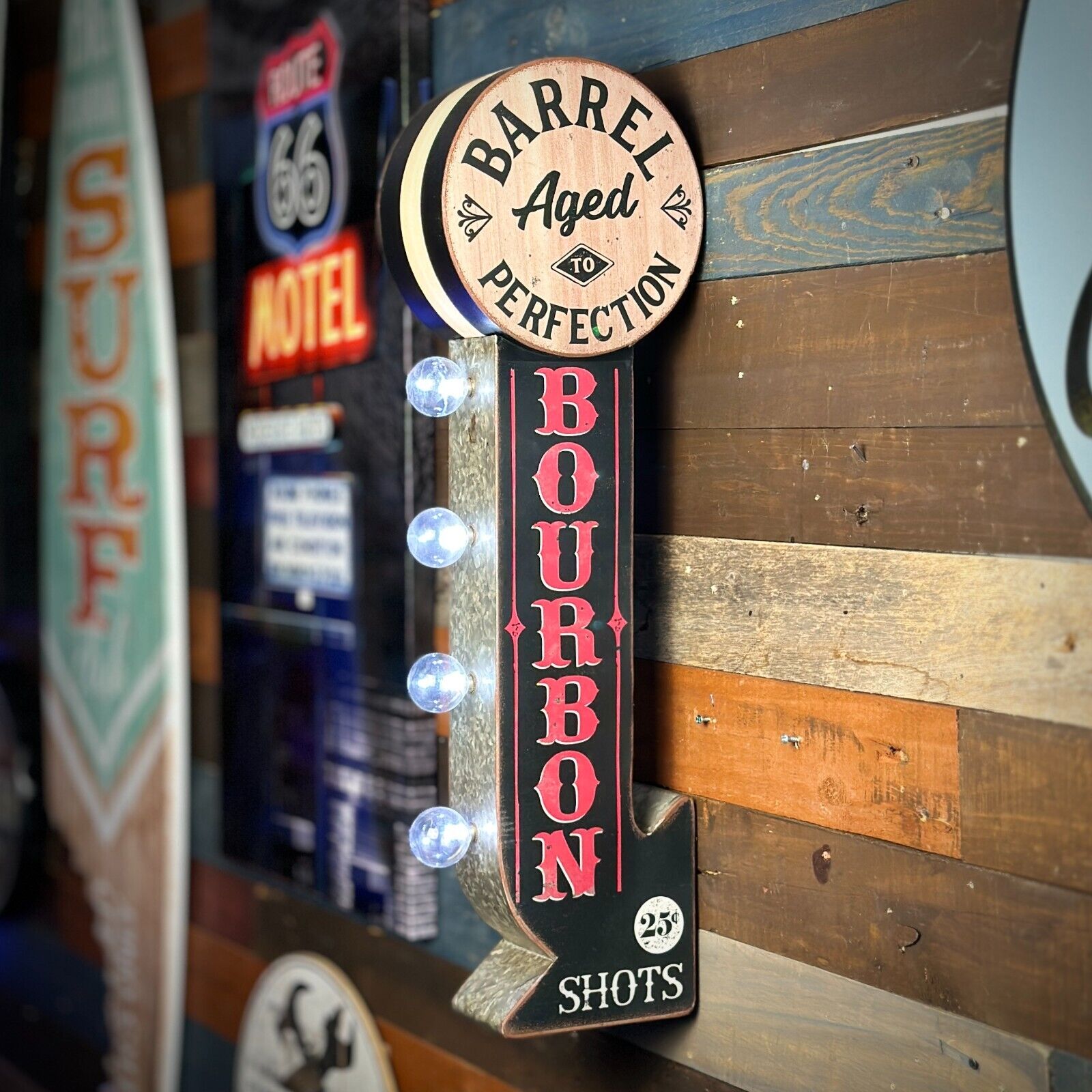 Bourbon Whiskey Barrel Aged Double Sided LED Sign W/ Vintage Arrow Shaped Design