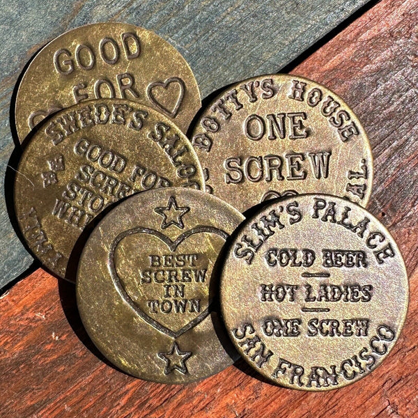 Old West Brothel Tokens (Lot Of 5 Assorted) and Brass Dish With Antique Finish