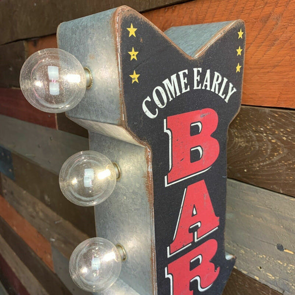 BAR Come Early Stay Late! LED Sign, Arrow Shaped Double Sided, Beer Man Cave Pub