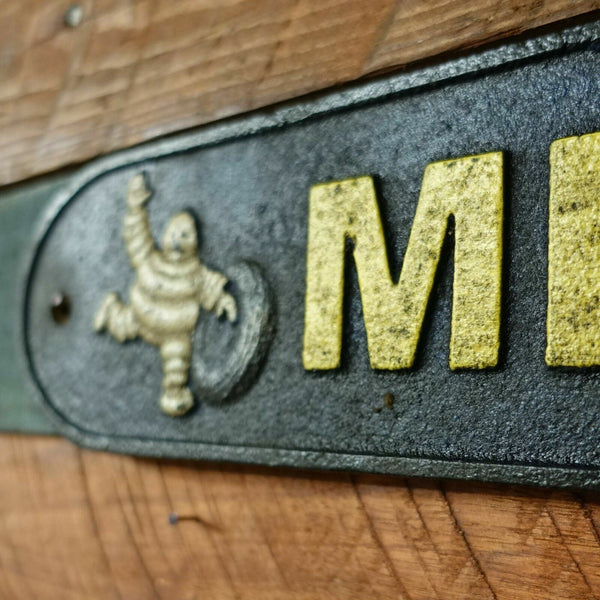 Michelin Tire Man Cast Iron Sign W/ A Distressed Antique Hand Painted Finish