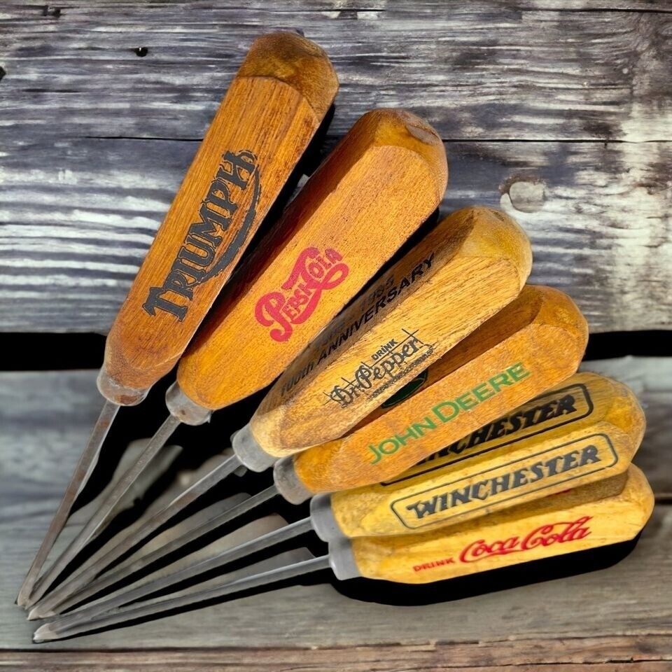 Vintage Advertising Ice Pick Set (Set of 6) Chrome With Real Wood 