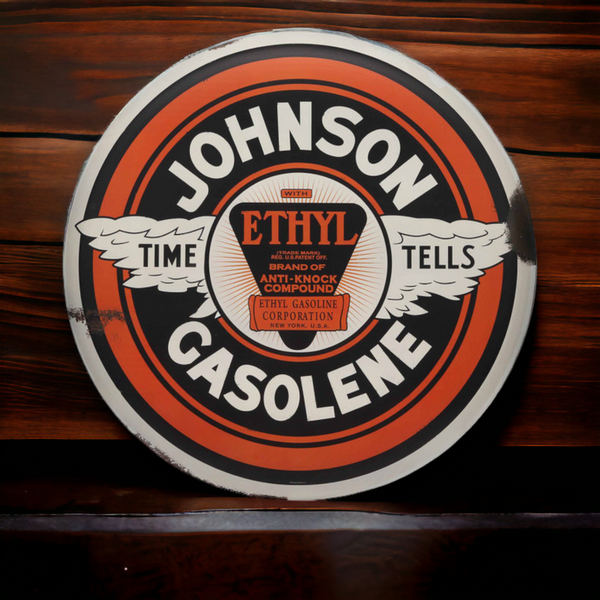 Johnson Gasolene Time Tells 24" Round Button Metal Sign Vintage Inspired Design