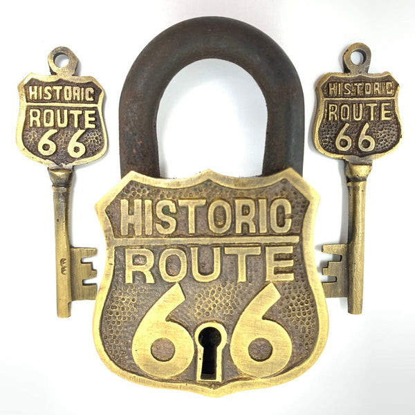 Historic Route 66 Brass Lock & 2 Keys, Embossed Lettering, Antique Finish