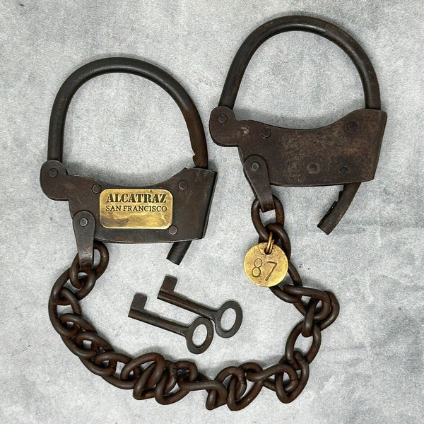 Alcatraz Prison Handcuffs, Iron Adjustable Cuffs with Chain & Antique Finish